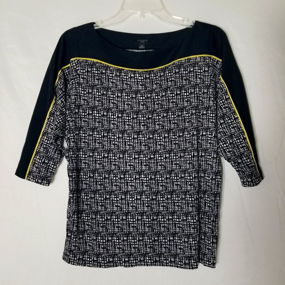 Ann Taylor Women SP Black White Yellow Geometric Boat Neck 3/4 Sleeve Blouse Top